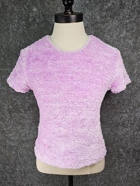 Vtg Y2K BONKERS Clothing Co Fuzzy Top, Short Sleeve, Lavender, Size Small